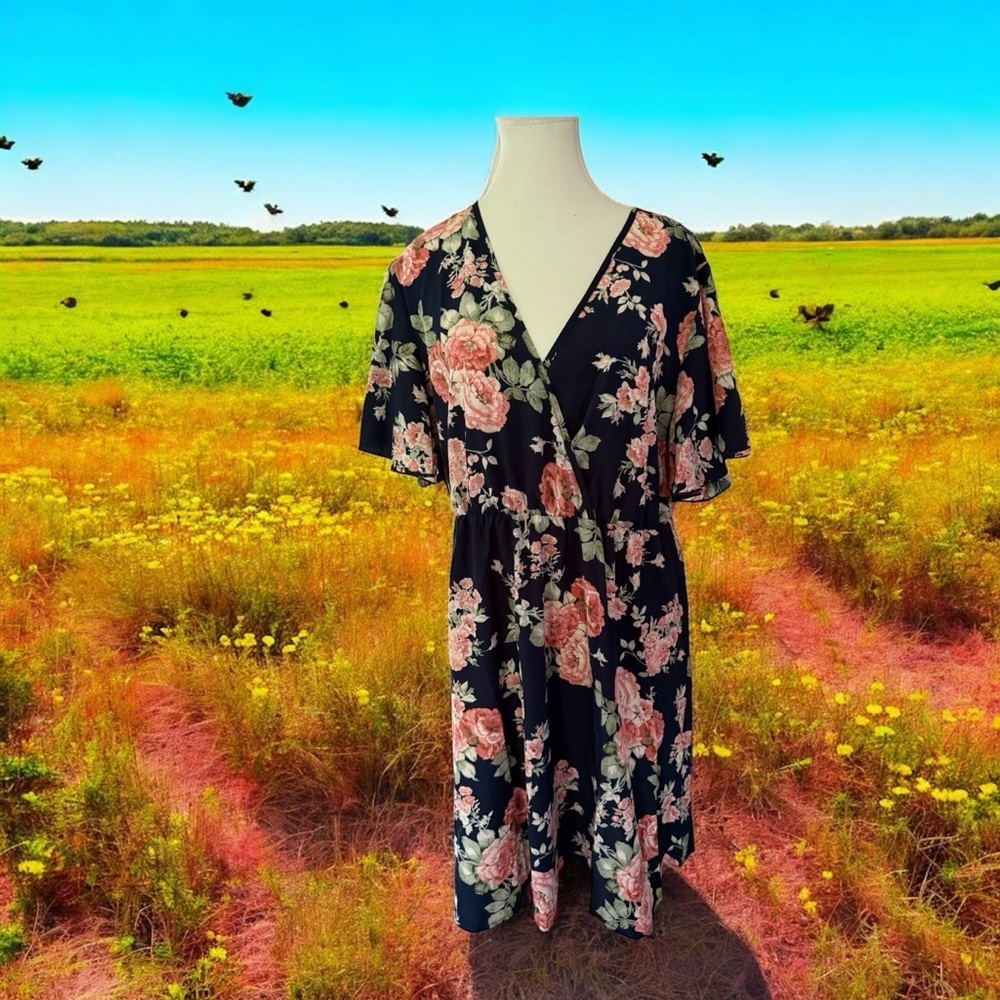 SHEIN Black Pink Flutter Sleeve Wrap Midi Dress